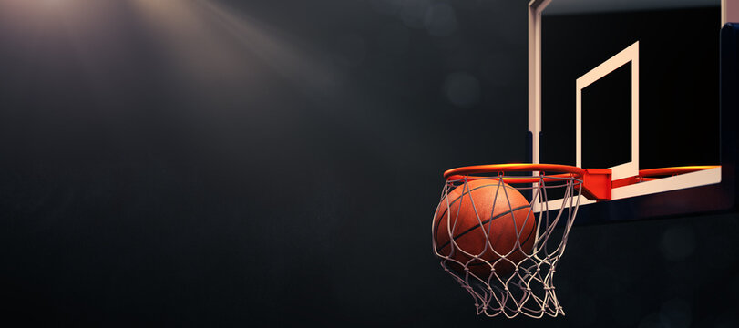 Sport concept. Basketball. Scoring basket with black background and empty space. Regular season or Playoffs game concept. 3D rendering.