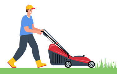Young man with Lawn mower machine. Gardener mows the grass with Electric work tool. Mowing, Trimming, pruning, cutting grass in garden. Yard care Vector illustration isolated on white background.