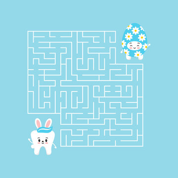 Easter tooth kids maze game activity. Help cute teeth boy with bunny rabbit ears to find right way to his friend easter egg in labyrinth. Vector flat design kid puzzle illustration.