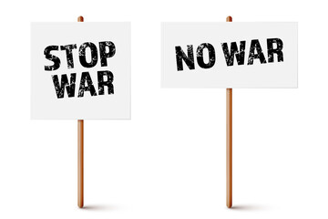 White protest sign on wooden holder. Stop war. Realistic demonstration banner with text. Strike action cardboard placard mockup. Vector illustration