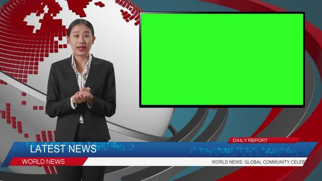 Live News Studio With Asian Professional Female Anchor And Green Screen Television Reporting On The Events Of The Day
