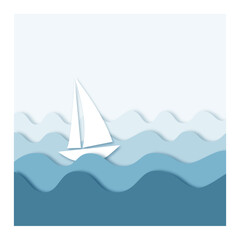 Sail boat on waves, paper cut style sea view.