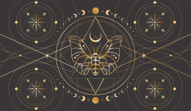 Mystic celestial background with a golden outline insect, stars with radial circles, moon phases and crescents. Occult linear backdrop with a magical butterfly. Sacred geometric tarot card cover