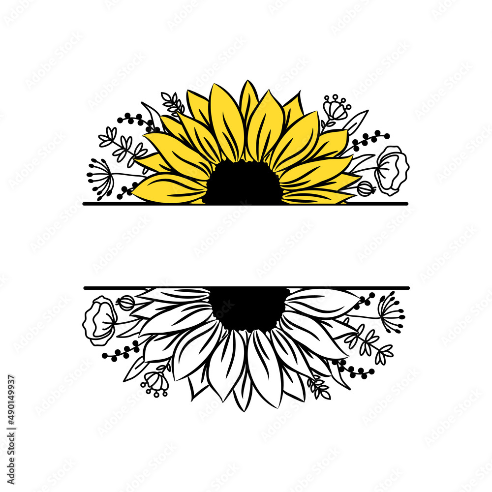 Wall mural Sunflower border half flowers drawing and outline. Set of blooming splitted flowers. Black and white illustration on white background. Floral monograms