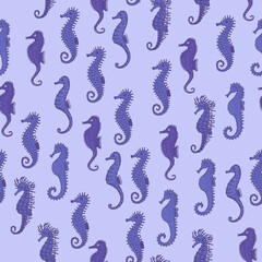 Seamless pattern of blue seahorse. Vector ocean animals underwater life doodle sketch background.