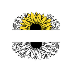 Sunflower border half flowers drawing and outline. Set of blooming splitted flowers. Black and white illustration on white background. Floral monograms