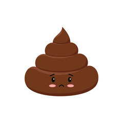 Poop cute funny excrement sad character cartoon emoticon isolated on white background.  Kawaii upset brown heap of shit emoji. Flat design vector clip art baby poo with face illustration.