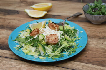 JACOB SHELL WITH FRISH SALAT.  SEA FOOD ON PLATE