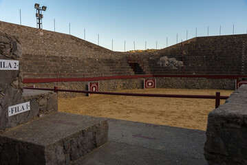 Picturesque square-shaped old bullring in the white village of Villaluenga del Rosario in the...