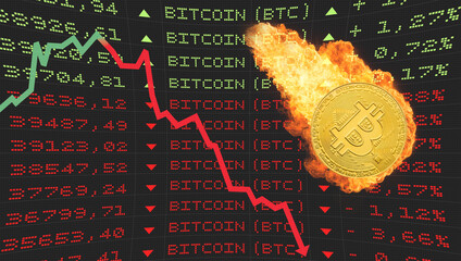 Bitcoin als abstürzender Komet, zur Symbolisierung des sinkenden Börsenkurses für BTC - obrazy, fototapety, plakaty