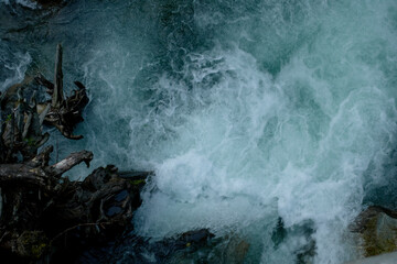 Top view of the water with stones, tree roots and rocks. River flow.