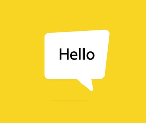 Hi, Hello. Banner, speech bubble, poster and sticker concept with text Hello. White bubble message hi, hello or hi there on bright yellow background for banner, poster. Vector Illustration