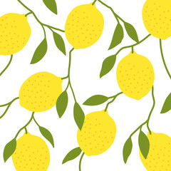 Obraz premium Lemon with leaves and branches Tropical seamless vector pattern. Bright print for fabric or wallpaper.