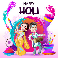 Holi greetings with drummer and lady dancing in celebration party