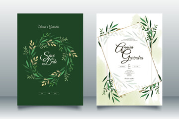 Elegant wedding invitation card with beautiful leaves template Premium Vector
