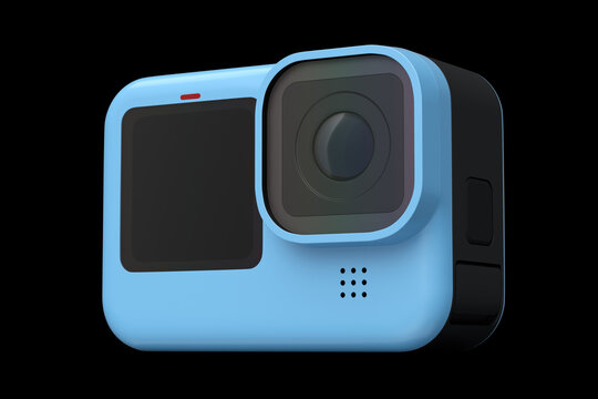Photo and video lightweight blue action camera with display on black background
