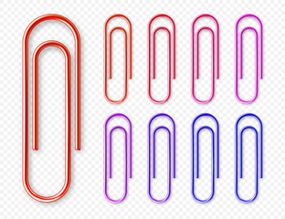 Realistic colorful metal paper clips on checkered background. Page holder, binder. Vector illustration.
