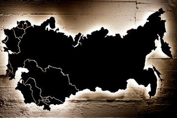 A black map of Ukraine, Russia and 15 republics of the Soviet Union hanging on a cracked wall