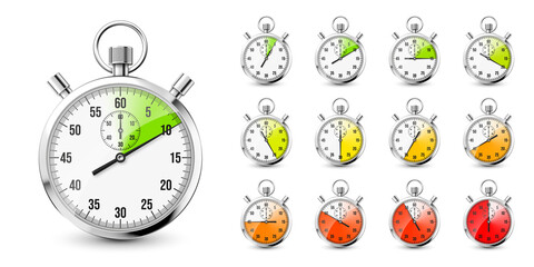 Realistic classic stopwatch icons. Shiny metal chronometer, time counter with dial. Red countdown timer showing minutes and seconds. Time measurement for sport, start and finish. Vector illustration