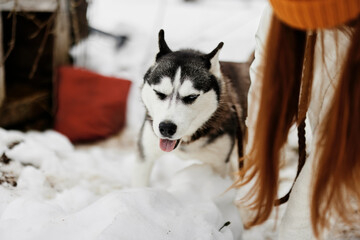 woman with dog outdoor games snow fun travel fresh air