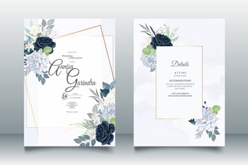 Beautiful navy blue floral frame wedding invitation card template Premium Vector