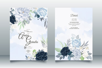 Beautiful navy blue floral frame wedding invitation card template Premium Vector