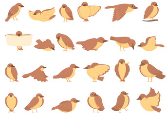 Sparrow icons set cartoon vector. Fly bird. House tree
