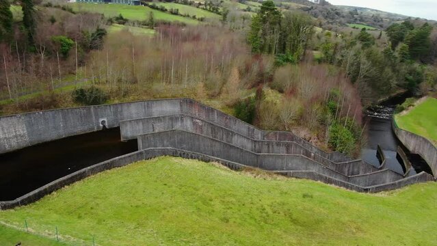 An aerial rotation of a Spillway at Bohernabreena Waterworks