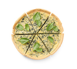 Sliced delicious homemade spinach pie isolated on white, top view