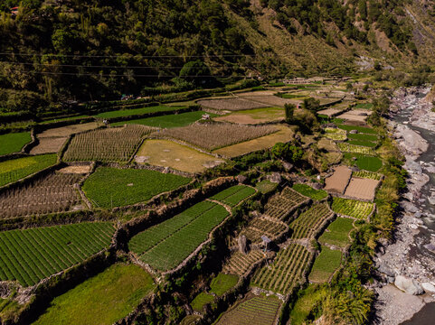 Bird's eye view of farm lands rice paddies vegetable gardens in Kabayan Benguet Philippines