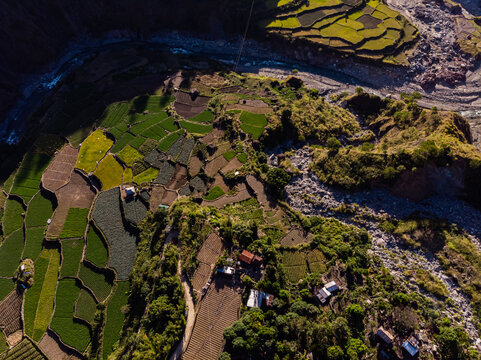 Bird's eye view of farm lands rice paddies vegetable gardens in Kabayan Benguet Philippines