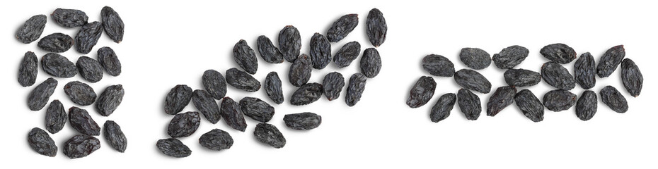 Black raisin isolated on white background with clipping path. Top view. Flat lay, Set or collection