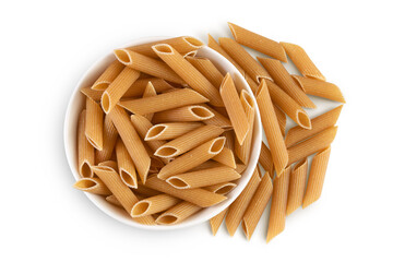 Wolegrain penne pasta from durum wheat isolated on white background with clipping path and full depth of field. Top view. Flat lay,