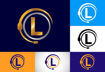 Initial L monogram letter alphabet and support service with headphones. Headphone logo. Hotline customer advice, call center help
