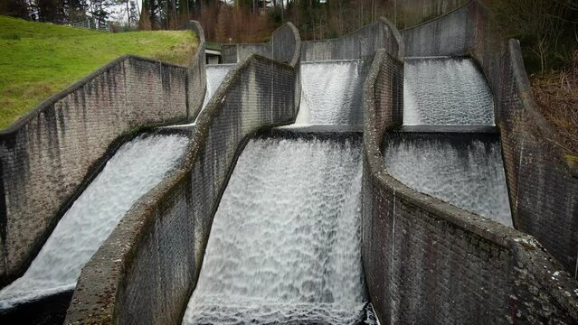 A static aerial shot of the River Dodder moving through Bohernabreena Reservoir.