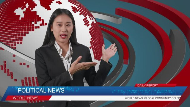Live News Studio With Asian Professional Female Anchor Pointing To Side While Reporting On The Events Of The Day
