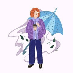 girl with coffee and umbrella, flat illustration