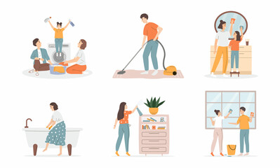 Collection of smiling people doing housework