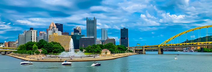 Buildings with Ohio river and Fort Pitt bridge in Pittsburgh, Pennsylvania - obrazy, fototapety, plakaty