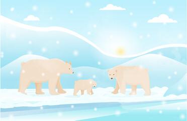 White bears and cub bear walks through snow. Cute Arctic animals in their usual habitat. Parents and little child. Wildlife, snowfall and icebergs. Cartoon contemporary flat vector illustration