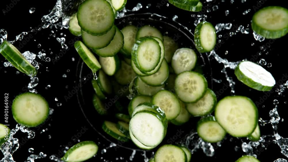 Poster Super slow motion of rotating cucumber slices with water, black background. Filmed on high speed cinema camera, 1000 fps. Speed ramp effect.