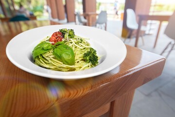 Trofie al pesto, italian pasta with pesto sauce made from basil leaves, parmesan cheese and olive oil.