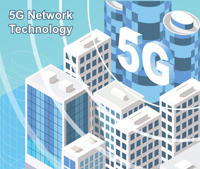 Vector illustration of 5G wireless technology. Isometric smart city and tiny people. A modern city connected to the global network. Internet in the urban environment. 