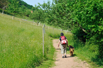  frau mit hund und rucksack wandert