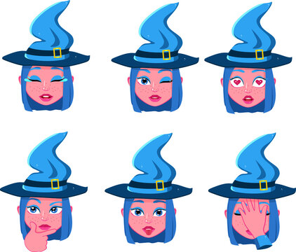 Pretty young witch emoji. Flat character sorceress. Magic vector illustration
