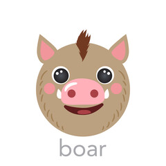 Boar Cute portrait with name text smile head cartoon round shape pig avatar animal face, isolated vector icon illustrations. Flat simple hand drawn for kids poster, UI app, t-shirts, baby clothes
