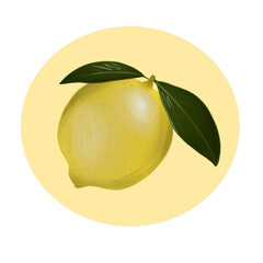 Sticker with a lemon in yellow and green colors on white background