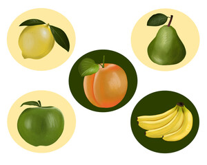Set of fruits in green and yellow colors, apricot, apple, pear, banana and lemon