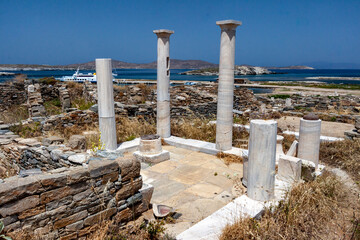 Closeup of greek ruins of the archaeological site of Delos Island, Greece