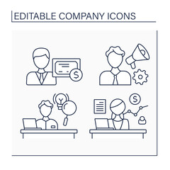 Company line icons set. Shareholder, sales, research and development department, manager. Business concept. Isolated vector illustrations. Editable stroke